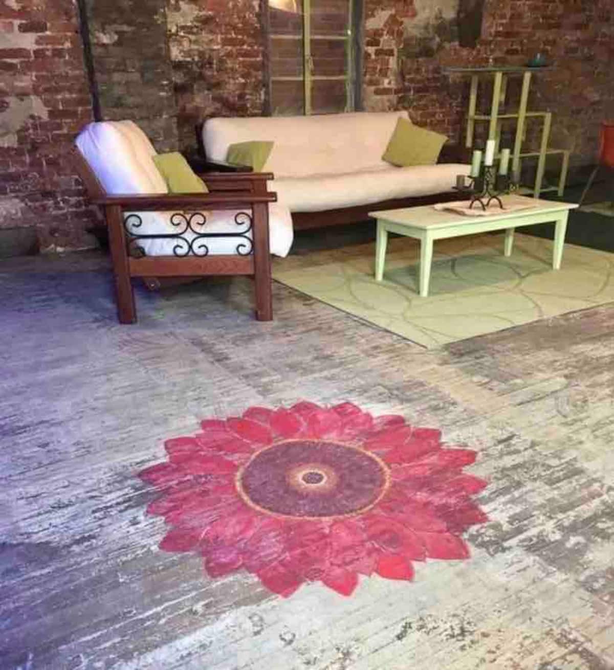Colorful seating and painted concrete floor